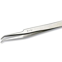 Weller 51SA. Precision tweezers, curved 30°, relieved. Very pointed tips. Relieved shape at front of handle provides excellent visibility of the area to be worked on.
